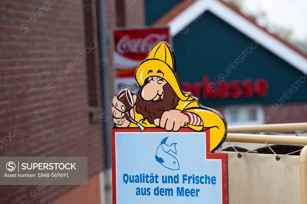 Sign, fishmonger, Neuharlingersiel, East Frisia, Lower Saxony, Germany, Europe