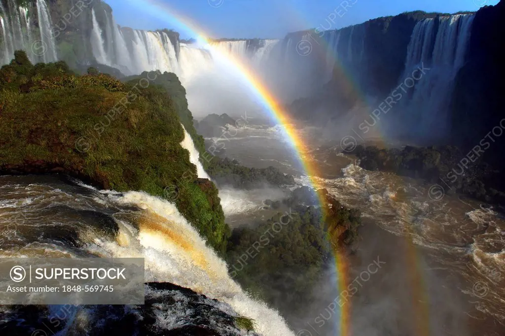 Iguacu or Iguazu Falls with a double rainbow, Brazilian side, UNESCO World Heritage Site, Iguacu National Park, Brazil, South America