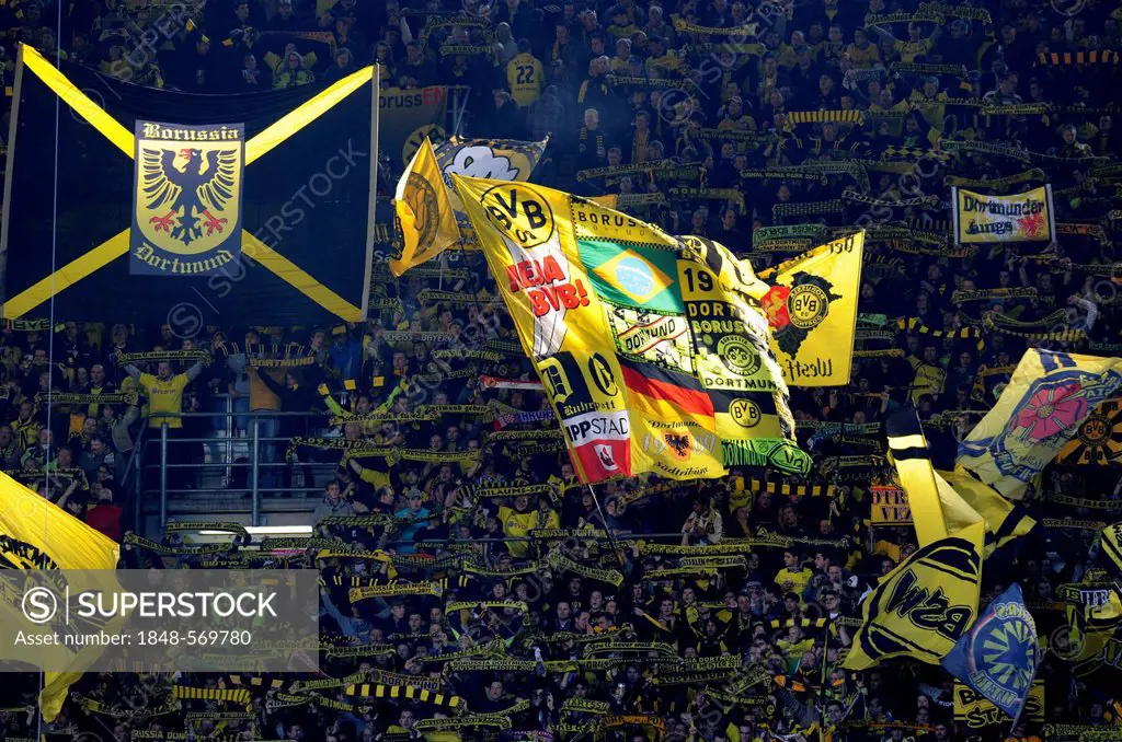 BVB fans with flags in the south bank, Bundesliga, federal league, Borussia Dortmund - 1. FC Koeln 5:0, Signal Iduna Park, Dortmund, North Rhine-Westp...