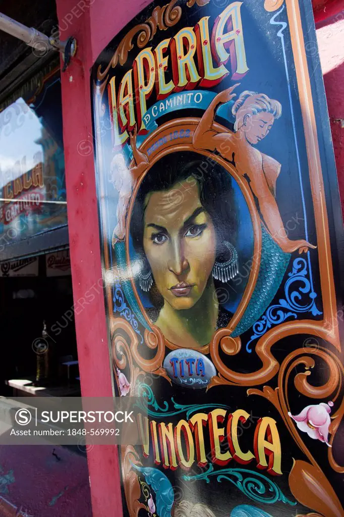 Sign of La Perla wine bar, La Boca neighbourhood, Buenos Aires, Argentina, South America