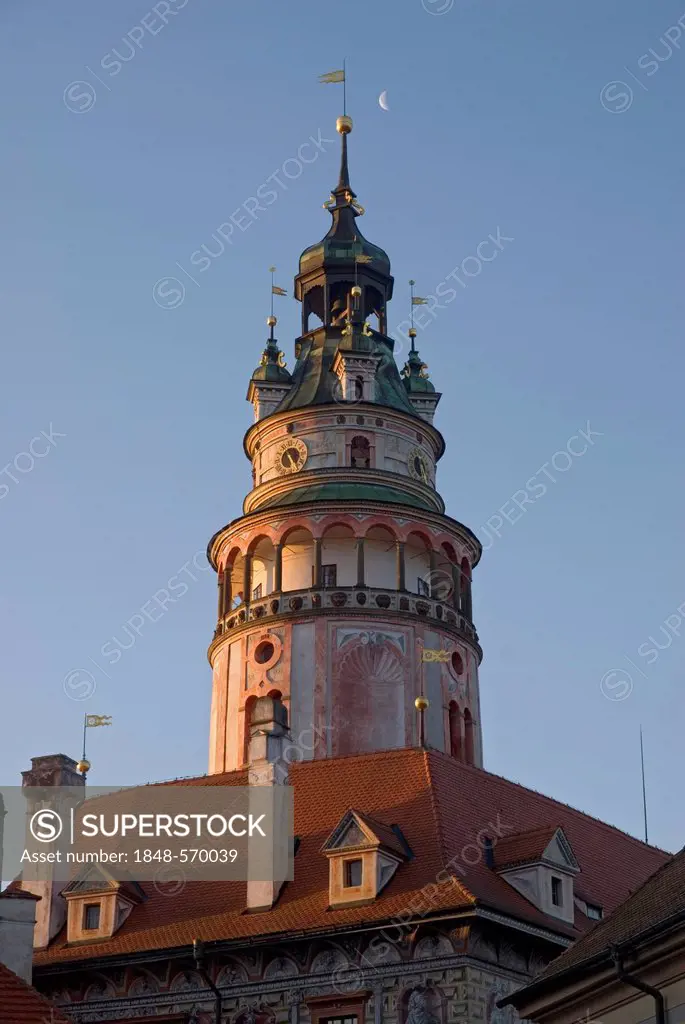 Tower of the castle of Ceský, Cesky Krumlov, Jihoceský, Jihocesky kraj, South Bohemia, Czech Republic, Europe