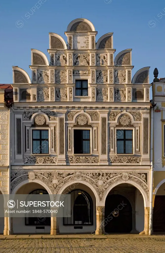 Ornate facade in Telc, Telc, Teltsch, UNESCO World Heritage Site, southern Moravia, Czech Republic, Europe