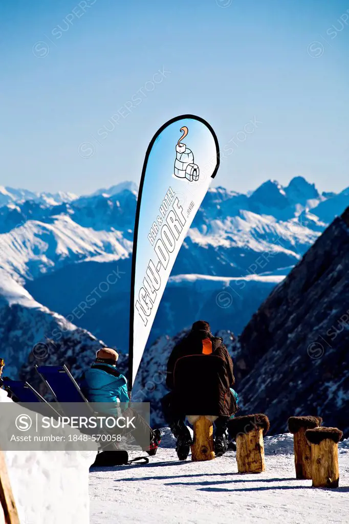 People at Iglu-Dorf bar and hotel, Zugspitze peak, Alps, Bavaria, Germany, Europe