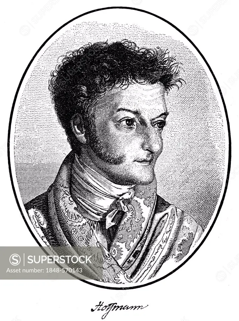 Historical print, engraving, portrait of E.T.A. or Ernst Theodor Amadeus Hoffmann, 1776-1822, German writer of the Romanticism, lawyer, composer, band...