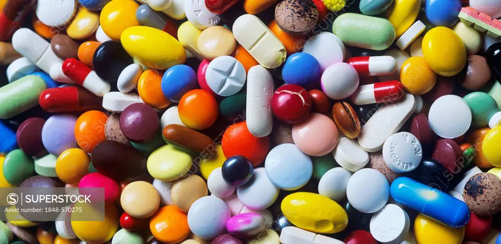 Expired medications, colourful mix of capsules, pills and tablets, full-frame