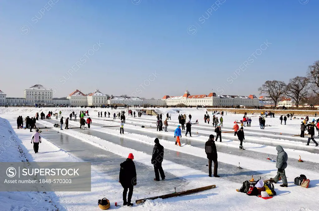 Schloss Nymphenburg Palace, curling on the frozen canal, Munich, Upper Bavaria, Bavaria, Germany, Europe, PublicGround