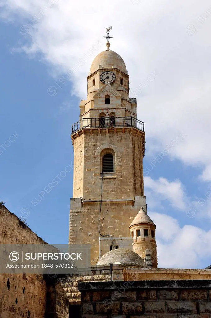 Bell tower of the Church of the Dormition or the Benedictine Abbey of Dormitio Beatae Mariae Virginis or Hagia Maria Sion on Mount Zion, Jerusalem, Is...