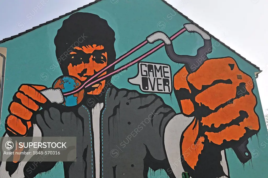Graffiti, Game Over, by German artist Rakaposhii, Cityleaks Festival, Cologne, North Rhine-Westphalia, Germany, Europe, PublicGround