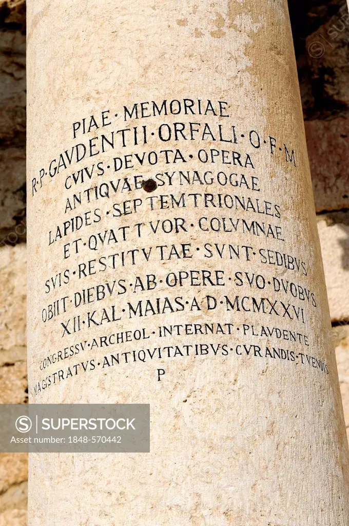Pillar inscription at the ancient synagogue at Kafarnaum, Cafarnaum, Kapharnaum, Capharnaum, Kapernaum or Capernaum st the Sea of Galilee, Galilee, Is...