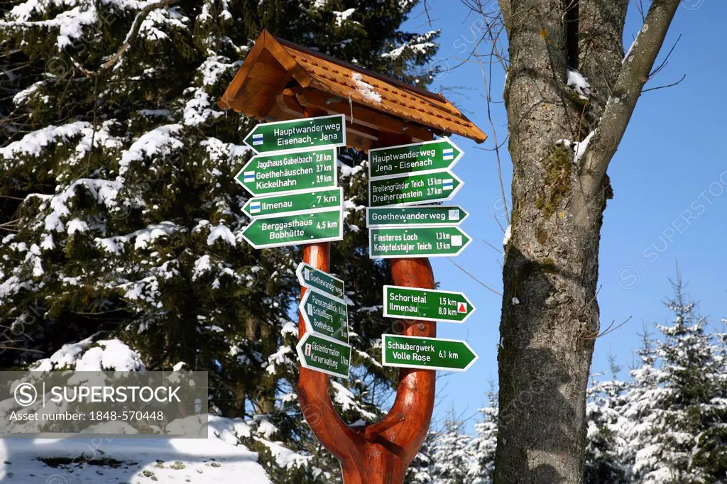 Signposts near Stuetzerbach in winter, Thuringian Forest, Thuringia, Germany, Europe