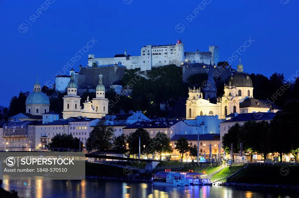 Historic town centre with the Collegiate Church, Cathedral and Hohensalzburg Fortress, Salzach River, Salzburg, Austria, Europe, PublicGround