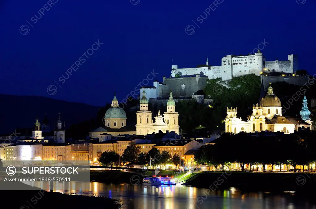 Historic town centre with the Collegiate Church, Cathedral and Hohensalzburg Fortress, Salzach River, Salzburg, Austria, Europe, PublicGround