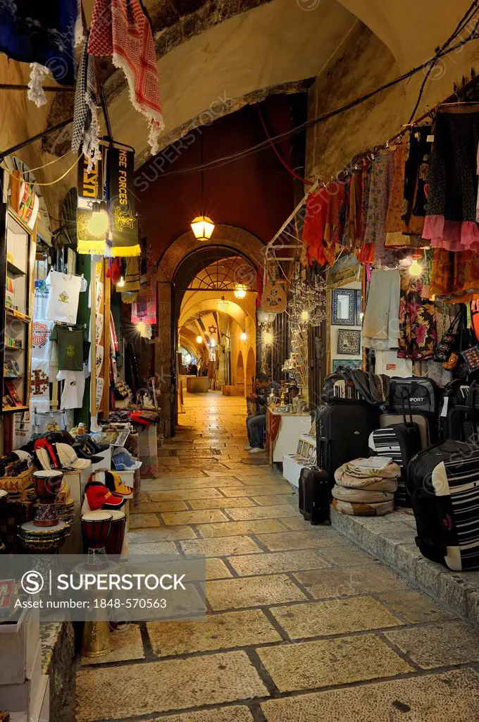 Bazaar alley between the Arab quarter, at front, and the Jewish quarter, at back, old city, Jerusalem, Israel, Middle East