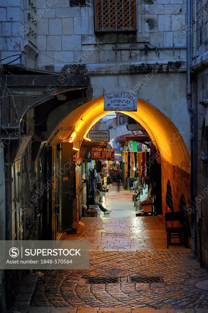 Evening mood in a bazaar alley on Via Dolorosa in the Arab quarter, Old City, Jerusalem, Israel, Middle East