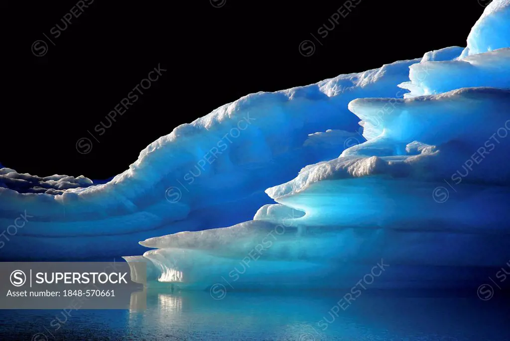 Intensely glowing blue icebergs in Lago Argentino, El Calafate, Patagonia, Argentina, South America