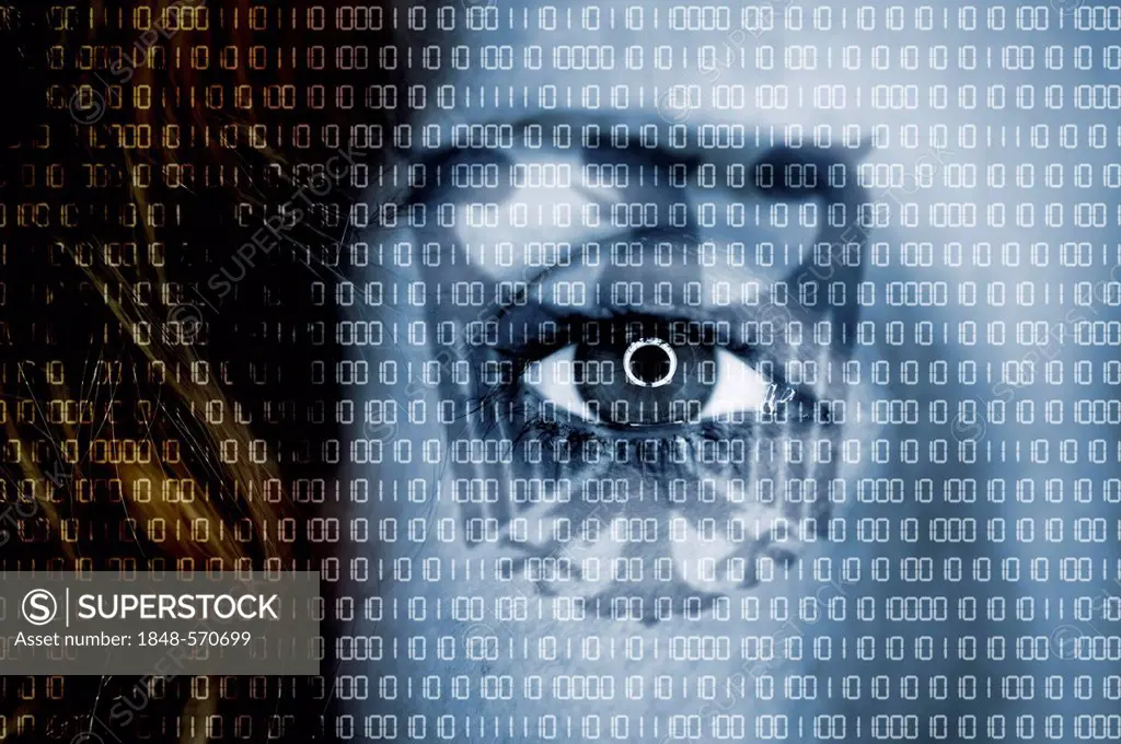 Woman's eye with the German Federal Eagle and binary numeric code superimposed over it, symbolic image for Trojan software from federal agencies