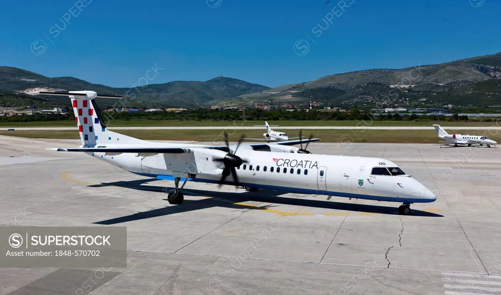Croatia Airlines Bombardier Q400 propeller aircraft at Split Airport, Split, Central Dalmatia, Dalmatia, Adriatic coast, Croatia, Europe