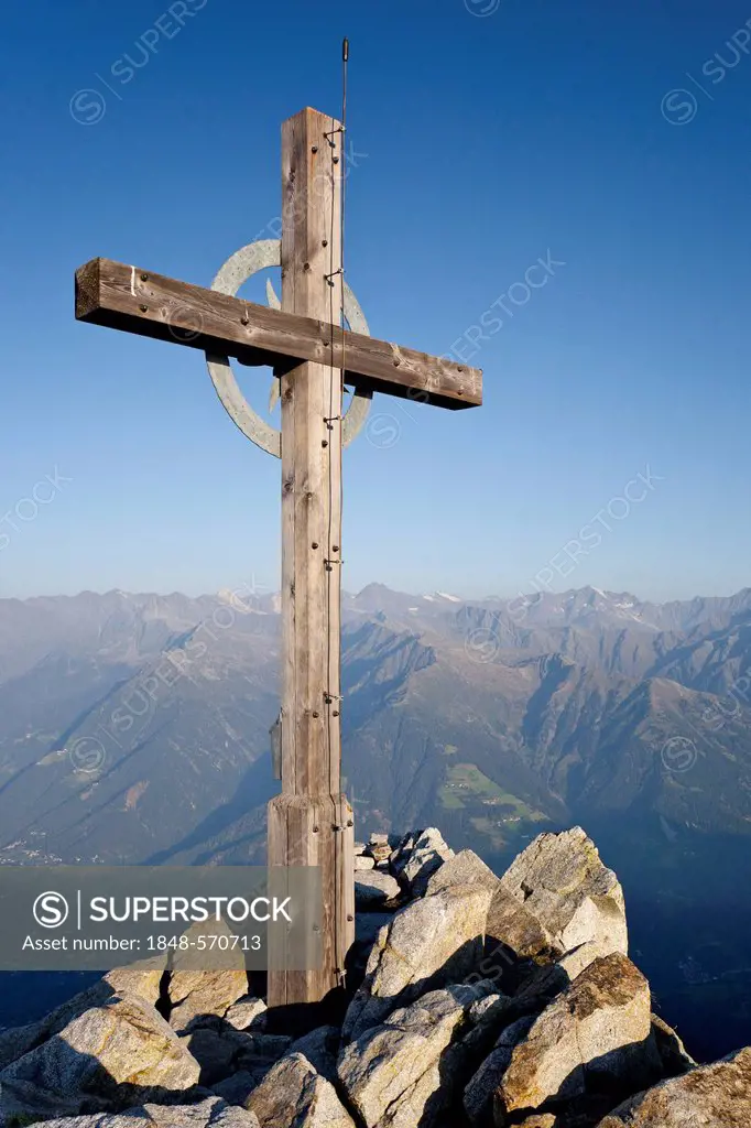 Summit cross of Ifinger above Merano, Texel Group at the rear, Merano 2000, Alto Adige, Italy, Europe