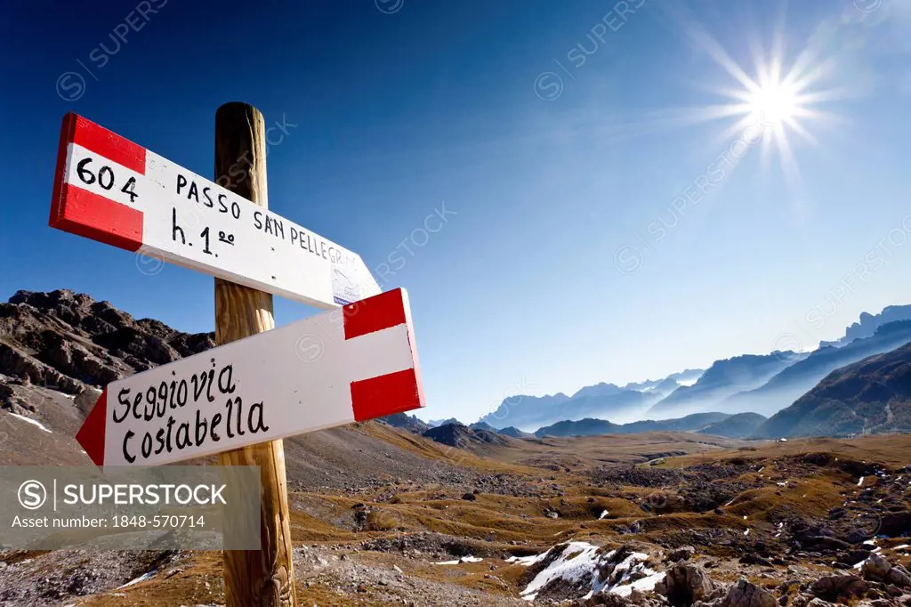 Signpost during the ascent to Bepi Zac Climbing Route in the San Pellegrino Valley above the San Pellegrino Pass, looking towards the Dolomites, Trent...