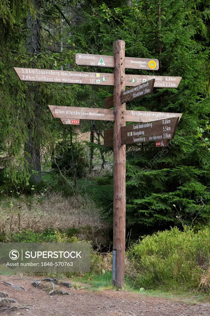 Information board, signpost at Talsperre Oderteich reservoir, Harz National Park, Upper Harz, Lower Saxony, Germany, Europe, PublicGround