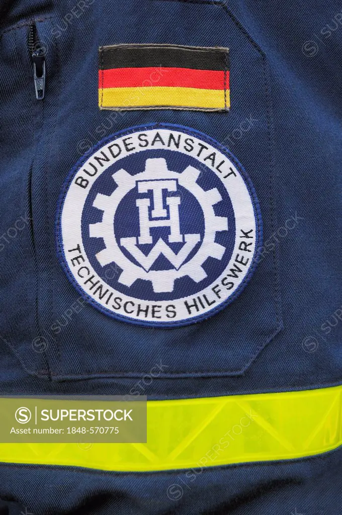 Shoulder badge of a THW uniform jacket with lettering Bundesanstalt Technisches Hilfswerk, German for Federal Agency for Technical Relief, THW, German...