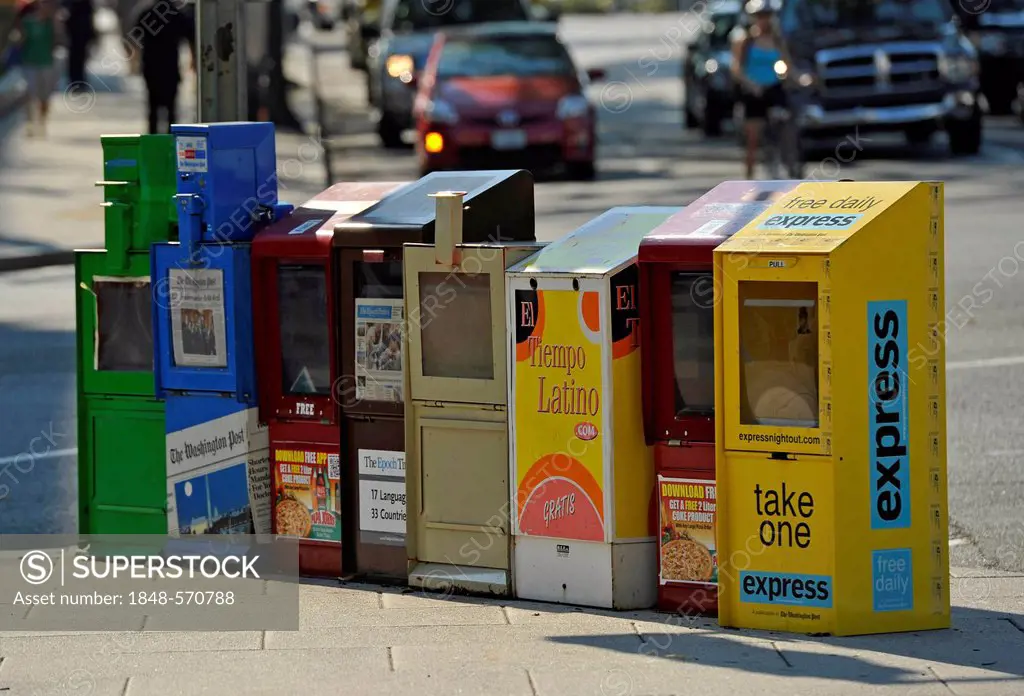 Colourful newspaper boxes on the side of a road, Washington DC, District of Columbia, USA, PublicGround