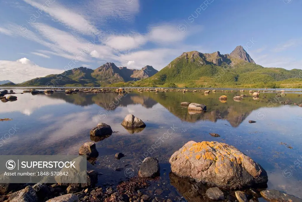 Reflections of the mountains on the island of Langøya, Langoya, part of the Vesterålen, Vesteralen archipelago, Nordland, Norway, Europe