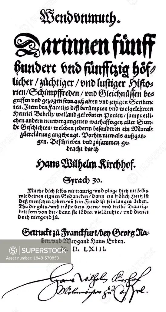 Historic print, woodcut, 1563, page of a book by Hans Wilhelm Kirchhof or Kirchhoff, 1525 -1605, a German landsknecht, Burggraf, baroque poet and tran...