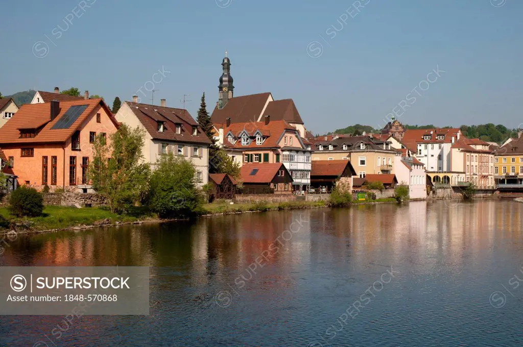 Town panorama on Murg river, Gernsbach, Schwarzwald or Black Forest, Baden-Wuerttemberg, Germany, Europe, PublicGround