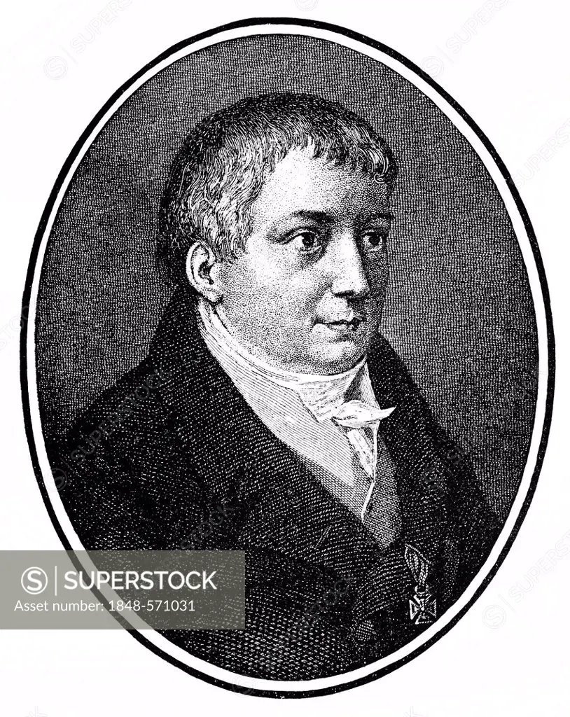Historical print, engraving, portrait of Karl Wilhelm Friedrich von Schlegel, 1772-1829, German philosopher, writer, critic, literary historian and tr...