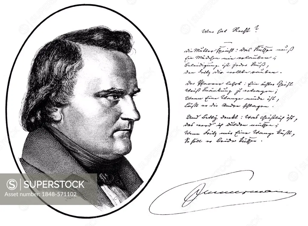 Historical print, engraving, historical manuscript, 1812, and portrait, 1839, of Karl Leberecht Immermann, 1796-1840, German writer, poet and playwrig...