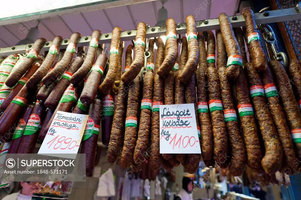 Traditional Hungarian salami, kolbász, Great Market Hall, Budapest, Hungary, Europe