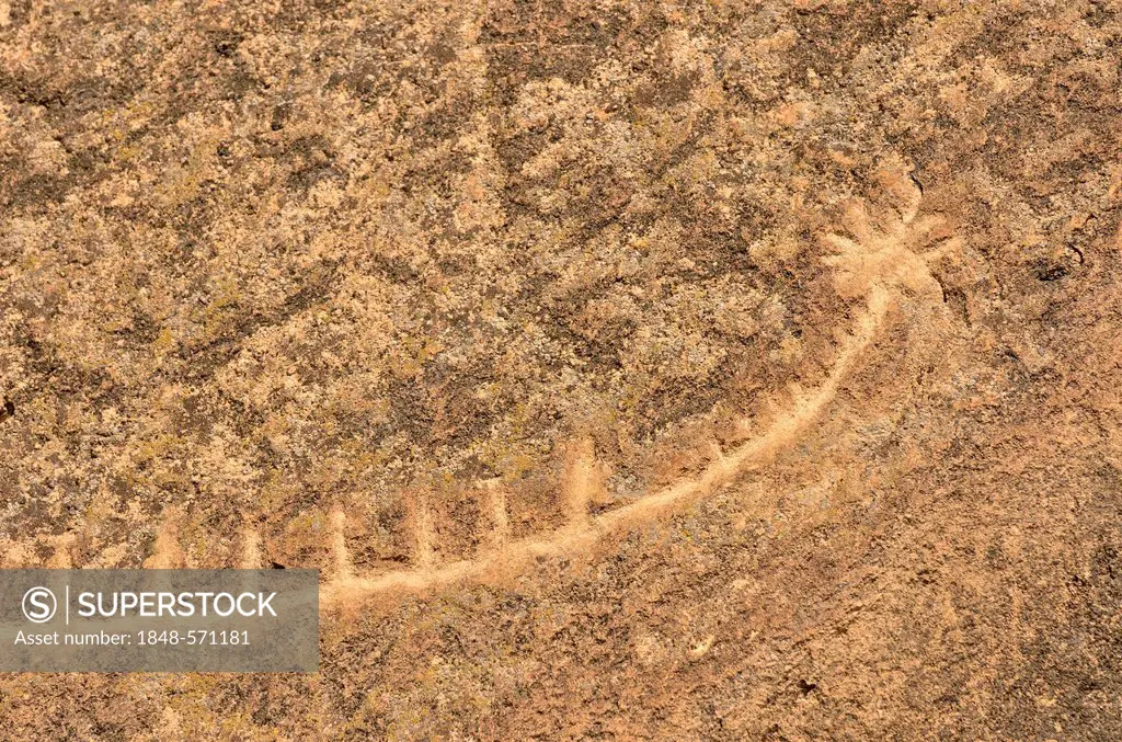 Stone Age rock carving of a boat in the UNESCO World Heritage site of Gobustan with about 6, 000 rock carvings up to 40, 000 years, near the district ...