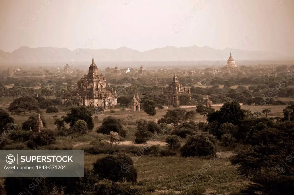 Temples and pagodas in the morning light, Bagan, Burma, Myanmar, Southeast Asia, Asia