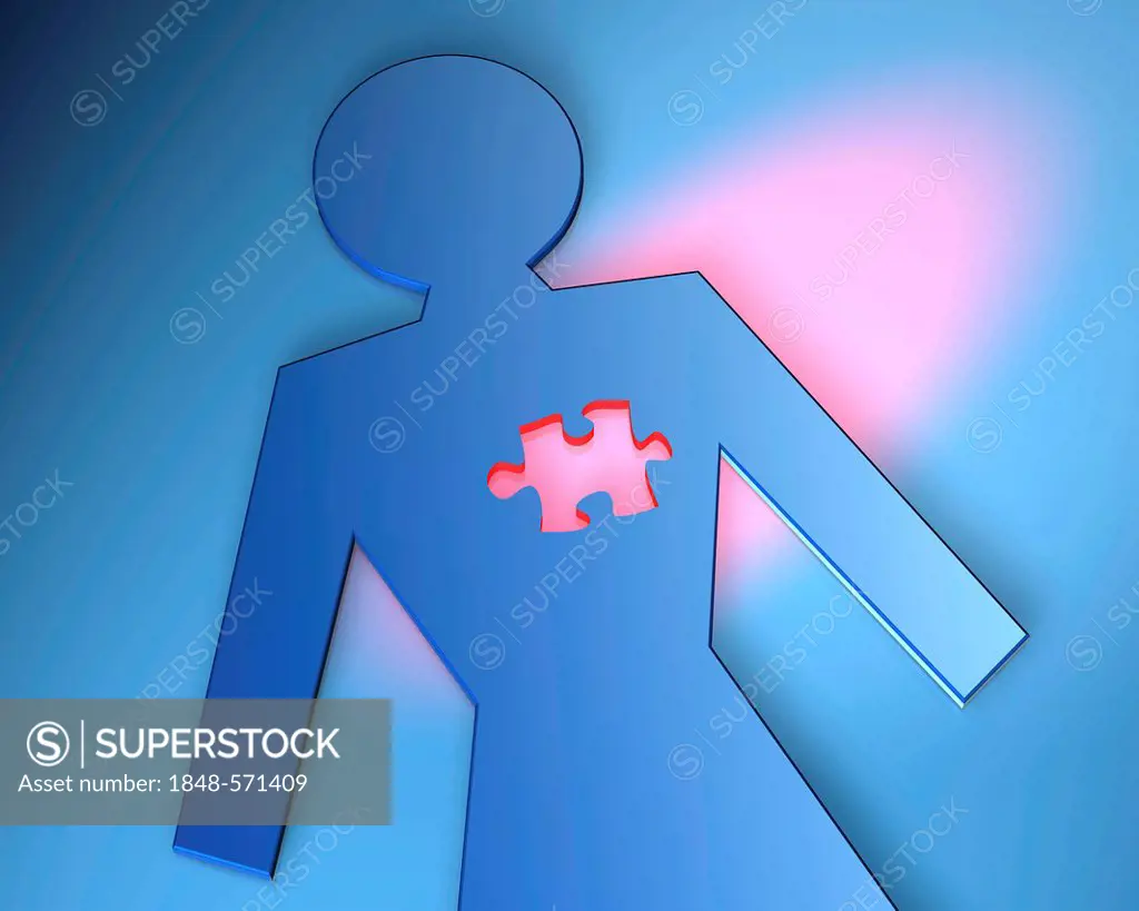 Pictogram image of a man with a puzzle piece taken out of the heart, illustration, symbolic image for organ donation