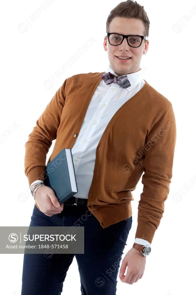 Young man wearing glasses and a bow tie holding an appointment diary