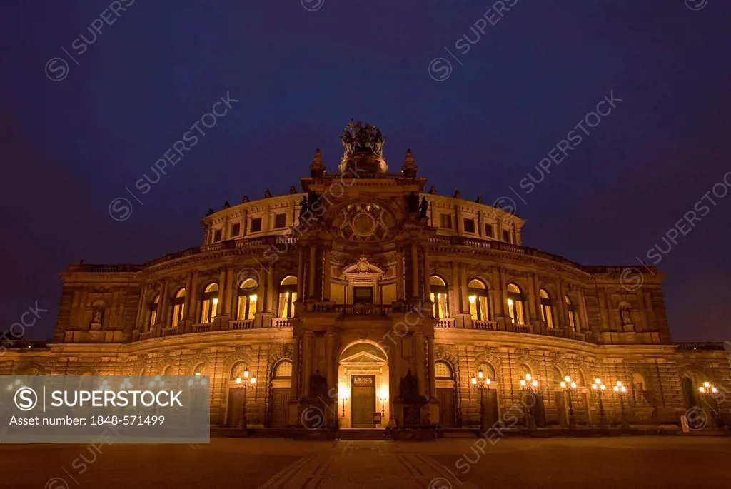 The floodlit Semperoper operahouse, Dresden, Saxony, Germany, Europe