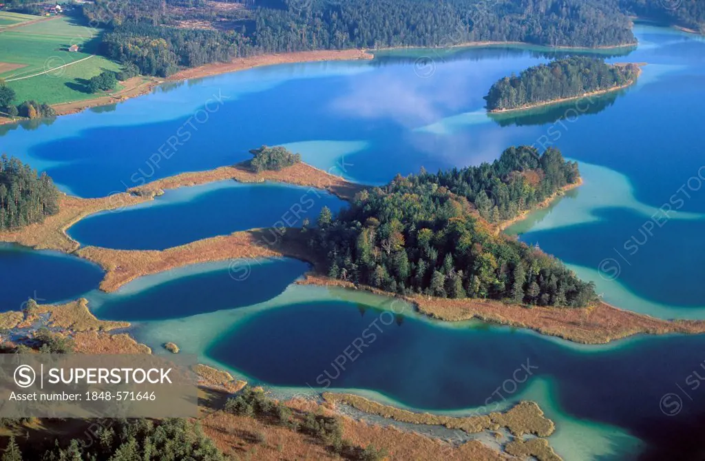 Grosser Ostersee lake, Oster Lakes, Five Lakes District, Upper Bavaria, Bavaria, Germany, Europe, aerial photo