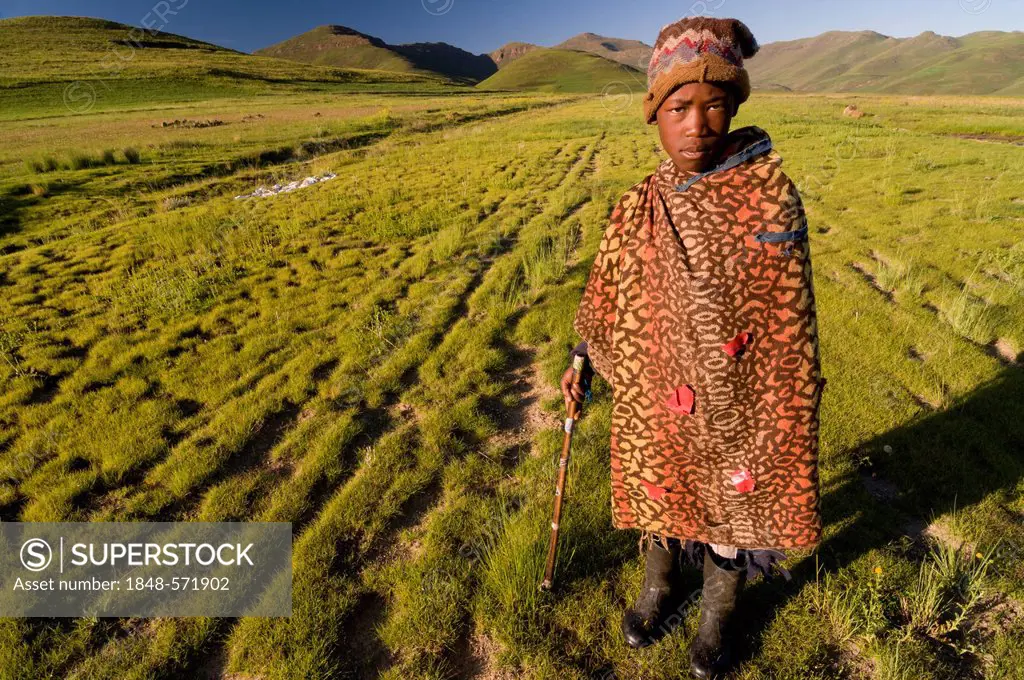 Young Basotho man wearing a traditional costume, shepherd, Drakensberg, Kingdom of Lesotho, southern Africa