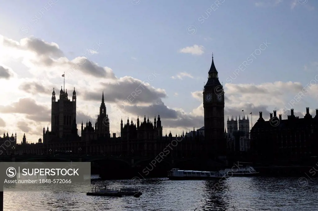 Big Ben Clock Tower, Palace of Westminster UNESCO World Heritage Site, Westminster Bridge, backlight, London, United Kingdom, South England, England, ...