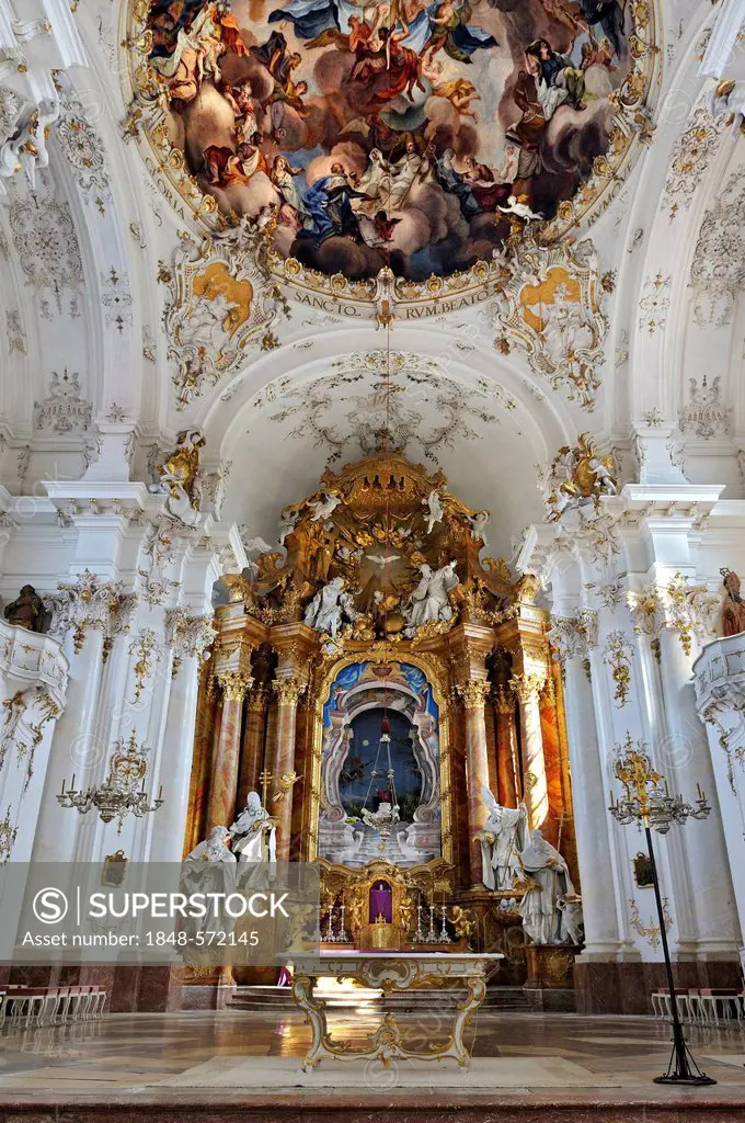 Ceiling frescoes and altar, Marienmuenster-Mariae-Himmelfahrt church, Diessen on Lake Ammer, Bavaria, Germany, Europe