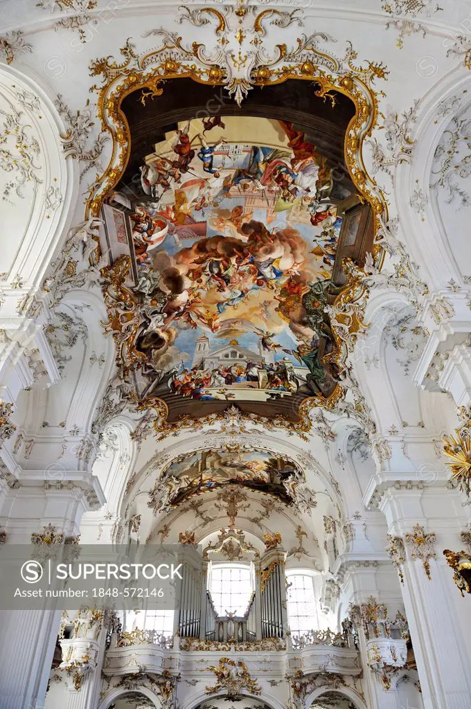 Ceiling fresco and organ, Marienmuenster-Mariae-Himmelfahrt church, Diessen on Lake Ammer, Bavaria, Germany, Europe