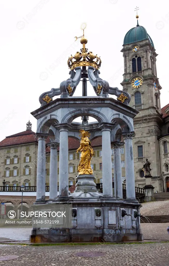Mary's fountain and Einsiedeln Abbey, Benedictine monastery, place of pilgrimage, Einsiedeln, Canton of Schwyz, Switzerland, Europe