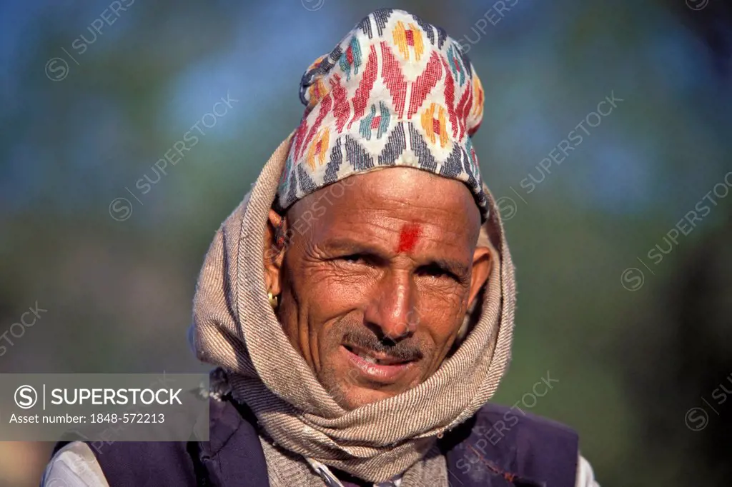 Nepali man with a bindi on his forehead, portrait, Hindu, Kumbh or Kumbha Mela, Haridwar, Uttarakhand, formerly Uttaranchal, Indian Himalayas, North I...