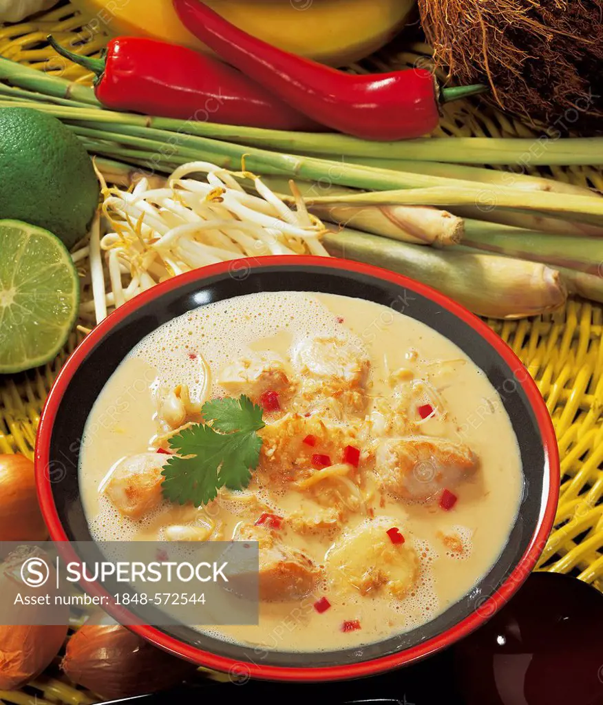 Indonesian coconut soup with exotic spices and ingredients, with tender chicken breast, Indonesia