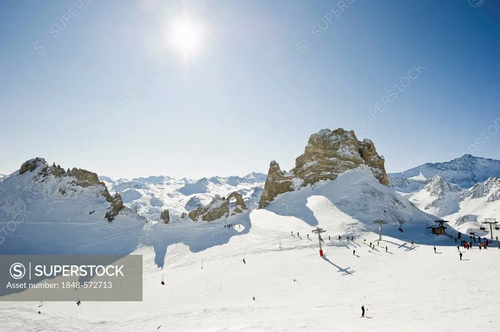 Snow-covered mountain landscape, Aiguille Percee, Tignes, Val d'Isere, Savoie, Alps, France, Europe