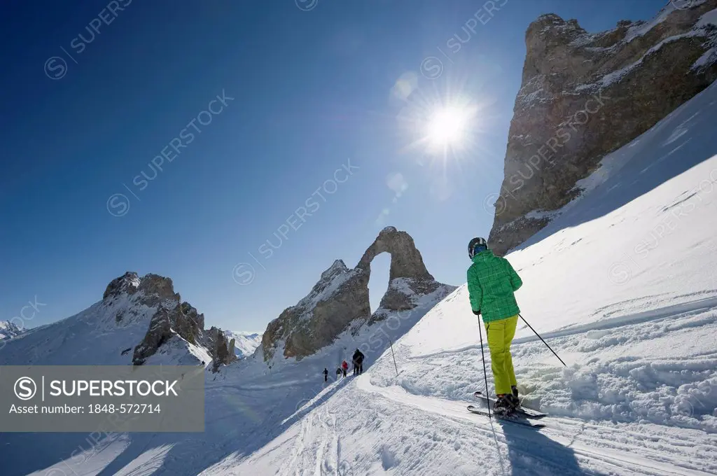 Cross-country skiers in the snow-covered mountain landscape, Aiguille Percee, Tignes, Val d'Isere, Savoie, Alps, France, Europe