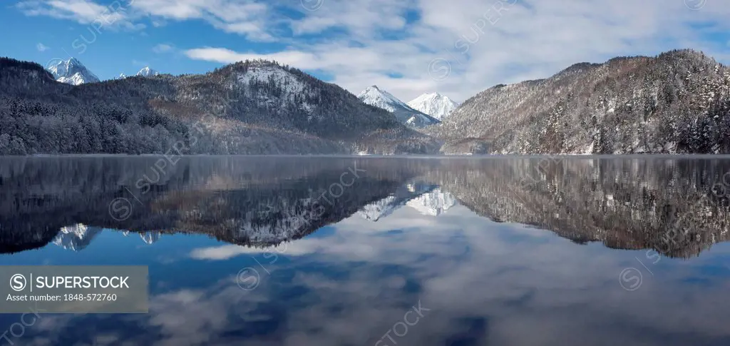 Mountains are reflected in the Alpsee Lake, Fuessen, Allgaeu, Bavaria, Germany, Europe, PublicGround