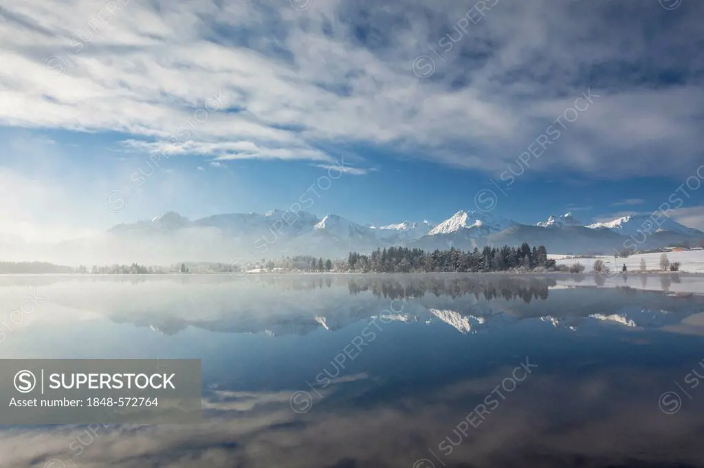 Early morning mist on lake Hopfensee, Allgaeu, Bavaria, Germany, Europe, PublicGround
