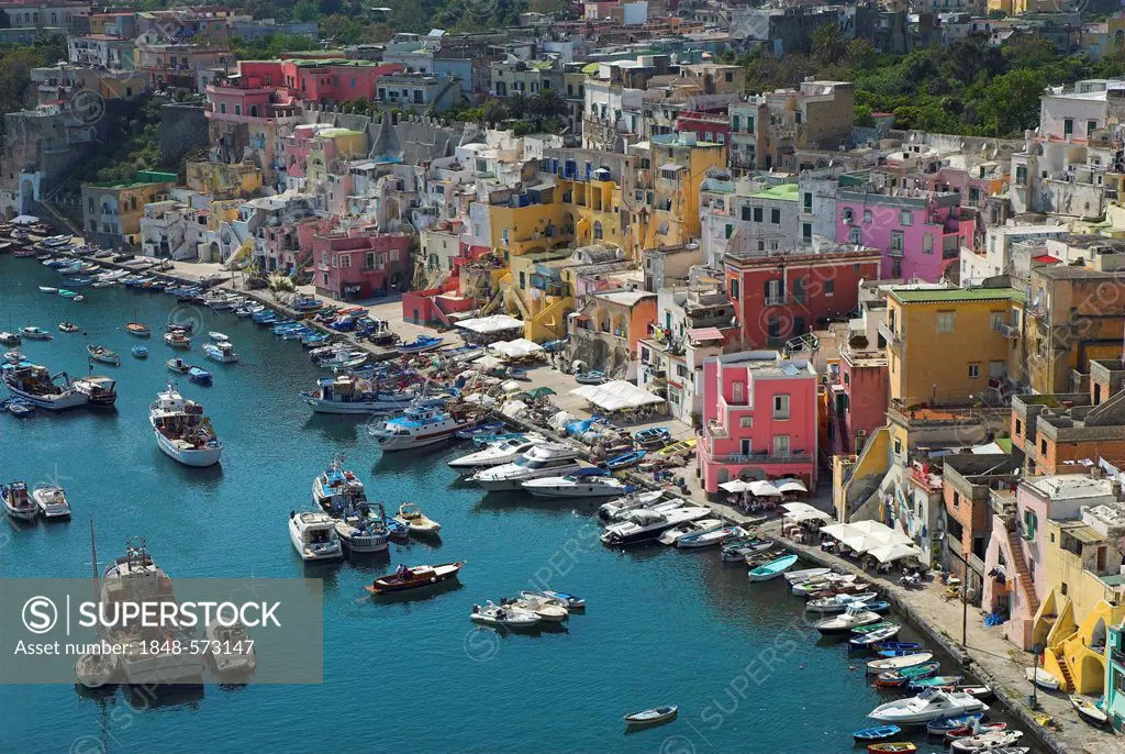 The colorful houses of the fishing harbour of Procida island, Flegrean Islands, Gulf of Naples, Campania, southern Italy, Europe